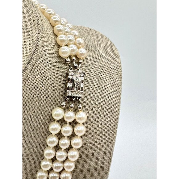 Vintage 3 Strand Hand Knotted Faux Pearls Rhinestones On Clasp - Picture 3 of 4
